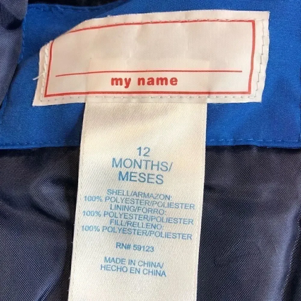 Blue winter coat size 12 months with removable hood